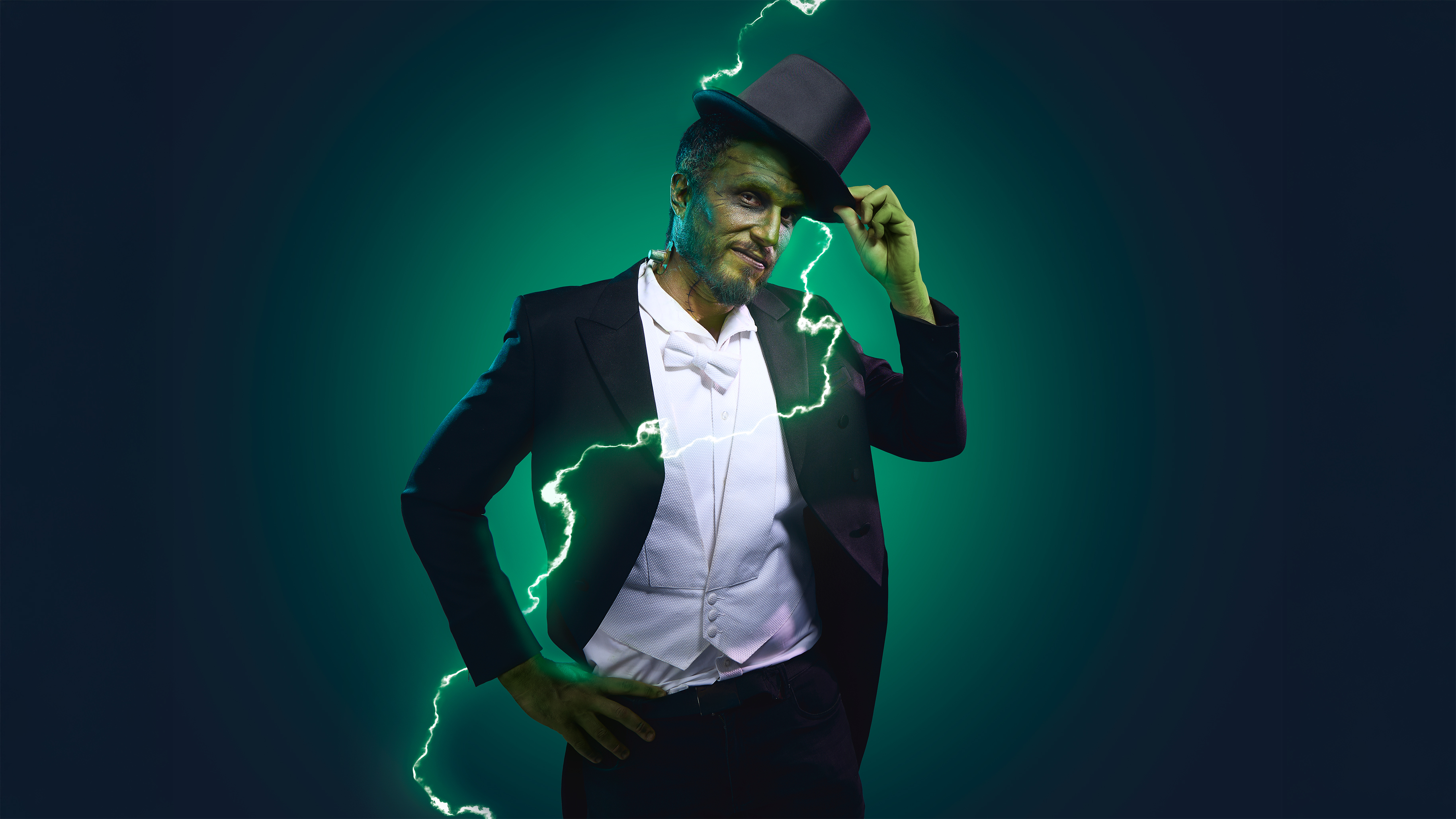 Young Frankenstein promotional image featuring theatrical character with lightning effects